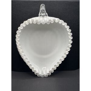 Vintage Fenton Glass Heart Shape Milk Glass Hobnail Dish with Handle. Beautiful!
